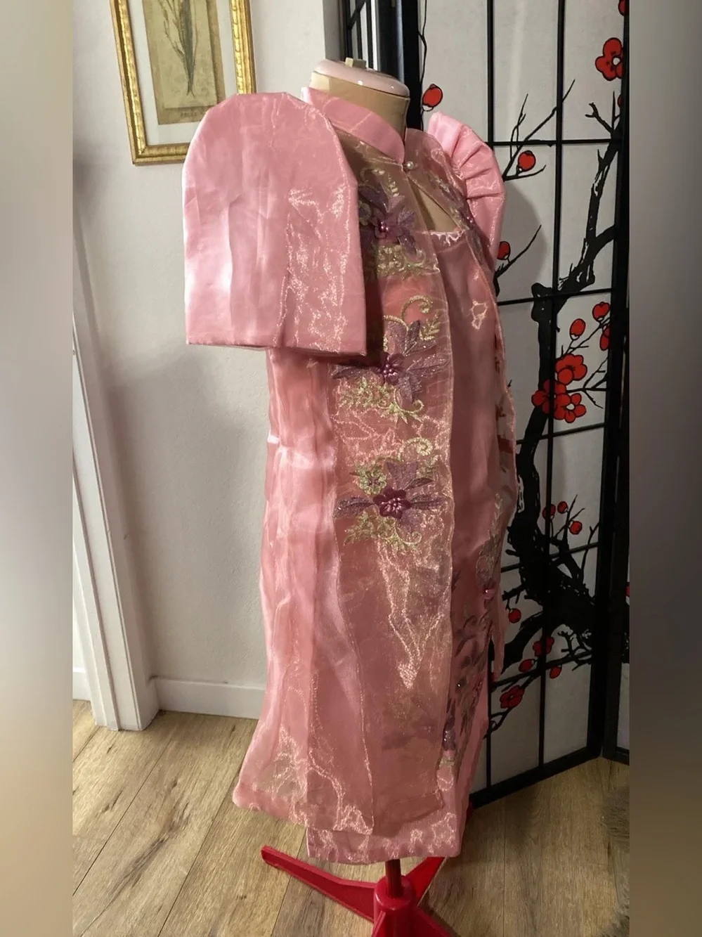 Filipiniana Organza Pink Dress Combination of Patching and Embroidery Floral Set